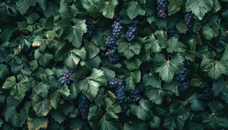 Grapes with green leaves background. Top view, flat layの素材