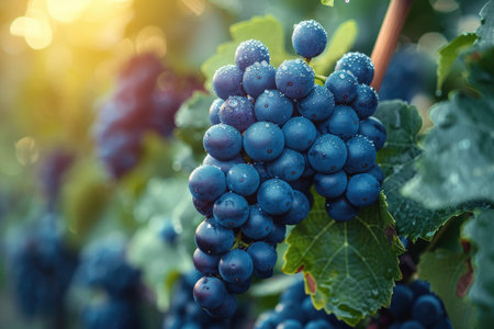Bunch of blue grapes in vineyard on sunny day. Toned image.の素材