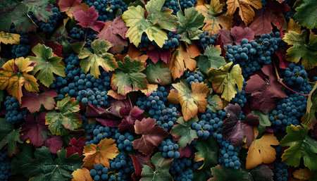 Vineyards in autumn. Close-up of grapes and leaves.の素材