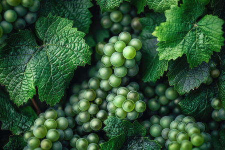 Bunch of green grapes with green leaves in vineyard, top viewの素材
