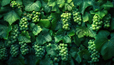 Green grapes with leaves on a vineyard. Close-up.の素材
