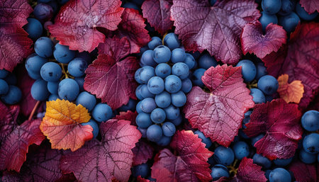 Red and blue grapes on autumn leaves background. Top view, flat layの素材