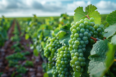 Rows of green grapes in a vineyard in the summer.の素材