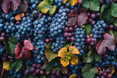Ripe red wine grapes and autumn leaves as background, top viewの素材