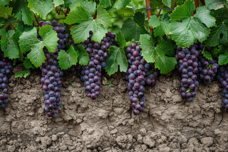 Ripe grapes in the vineyard on the background of the earthの素材
