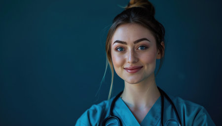 Portrait of a beautiful young woman doctor with stethoscope.の素材