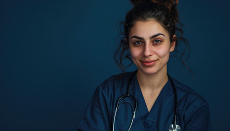 Portrait of a beautiful young nurse with stethoscope on dark backgroundの素材
