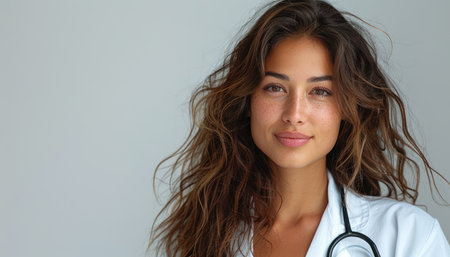 Portrait of a beautiful young woman doctor with stethoscope.の素材