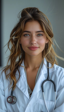 Portrait of a beautiful young woman doctor with stethoscope.の素材