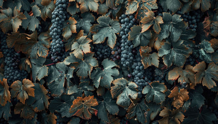 Vineyard in autumn season. Grapes and leaves backgroundの素材