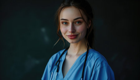 Portrait of a female doctor with stethoscope on dark background.の素材