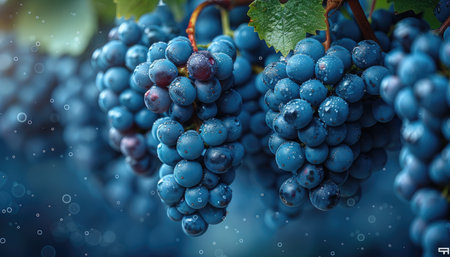 Bunch of blue grapes with water drops. 3d illustration.の素材