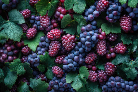 Bunch of ripe grapes with green leaves background. Top view.の素材