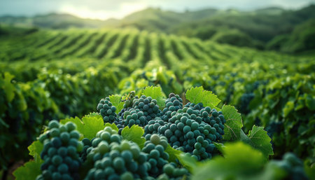 Landscape of green vineyard with bunches of grapes at sunsetの素材