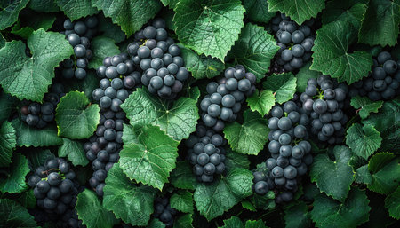 Bunch of black grapes with green leaves background. Top view.の素材