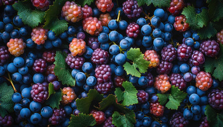 Ripe red and black grapes with green leaves. Top view.の素材