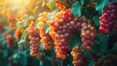 Ripe red and yellow grapes on vineyards in autumn harvest season.の素材