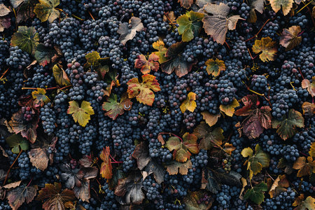 Top view of bunch of ripe red wine grapes with autumn leaves.の素材