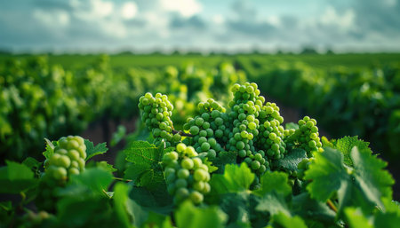 Green grapes on vineyard in sunny day. Landscape of vineyard.の素材