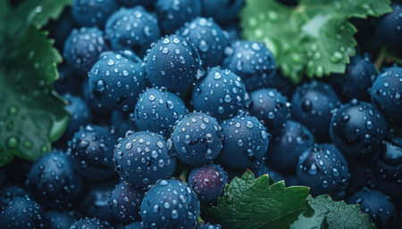 Bunch of blue grapes with water drops. Close-up.の素材