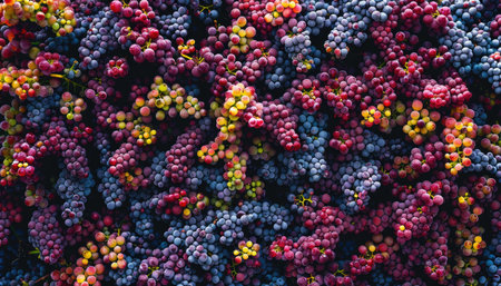 Close-up of a bunch of red and purple grapes in a vineyardの素材