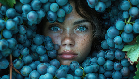 Closeup portrait of a beautiful young woman with blue eyes and fresh grapes.の素材