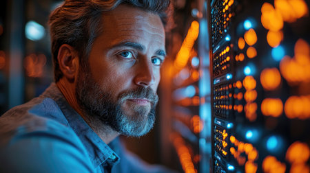 Portrait of a handsome mature man in a datacenter.の素材