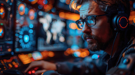 Portrait of a professional videographer playing a video game in the night clubの素材