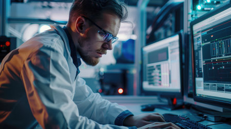 Portrait of young technician working on computer in server room at nightの素材