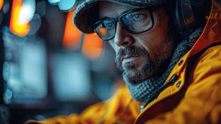 Portrait of a bearded man in a yellow jacket with headphones.の素材