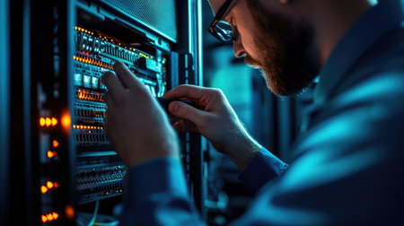 business, technology, internet and networking concept - close up of man with eyeglasses working in server roomの素材