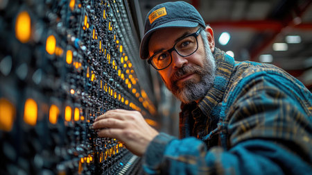 Engineer working on the control panel of a power plant. He is wearing a cap and glasses.の素材