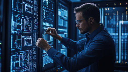 Handsome young programmer working on a programming code in a server roomの素材