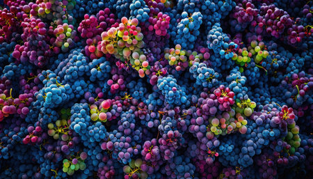 Close up of a bunch of red and blue grapes in a vineyardの素材