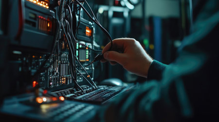 Man working in server room. Close up of male hands using computer.の素材