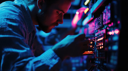 Close-up of a young man working in a server room.の素材