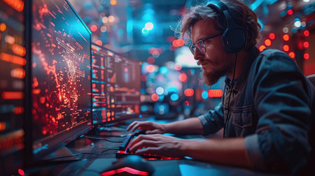Portrait of a young man in headphones playing computer games in the night clubの素材