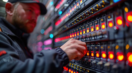 Technician working in datacenter server room, close-upの素材