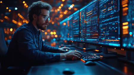 Serious programmer working on a computer in a dark room at nightの素材