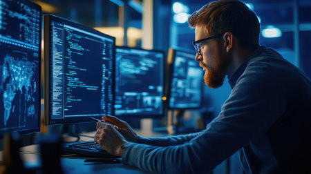 Programmer working on desktop computer in dark office at night. Software development and coding conceptの素材