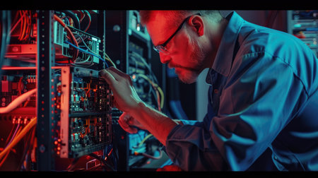Technician repairing equipment in server room. Selective focus on manの素材