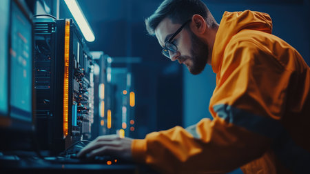Technician working in data center. Young technician working in server room.の素材