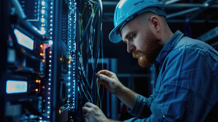 Serious male technician in hardhat working with servers in data centerの素材