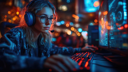 Portrait of young female gamer in headphones playing online games at night club.の素材