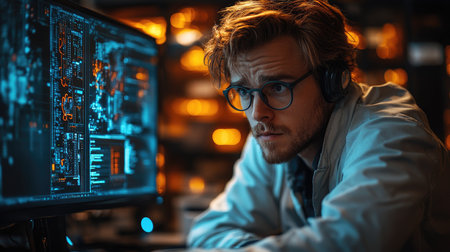 Serious young man working on computer at night in dark office. Man wearing headphones and glasses.の素材