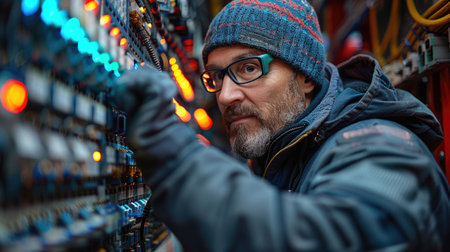 Portrait of a mature man with glasses and a beard in the network server roomの素材