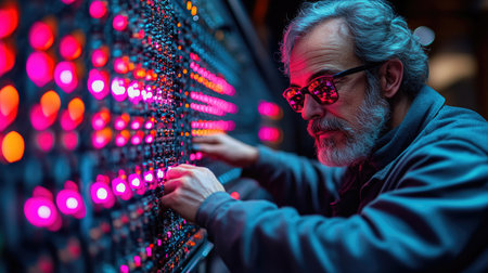 Portrait of a senior man working on a computer at night.の素材