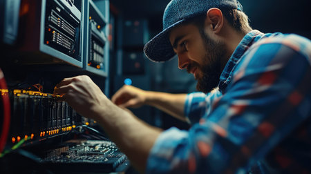 Portrait of a handsome young engineer working in a data center.の素材