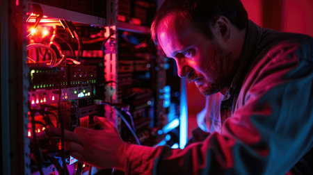 Portrait of a technician repairing a server in a datacenterの素材