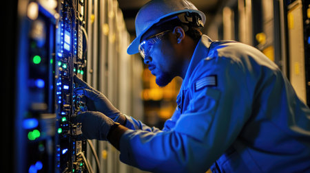 technician working on server in data center room. Selective focusの素材
